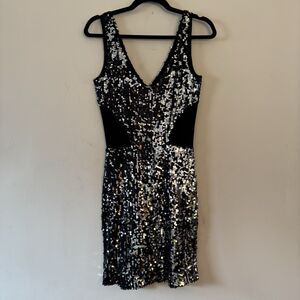 Y2K Silver Black Cut Out Sequin Cocktail Mini Dress Bodycon Party Fairy Club M